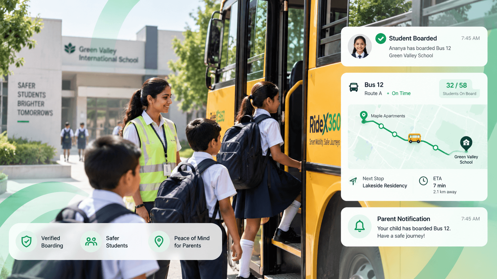 Students safely boarding a RideX360 school bus with a staff member supervising