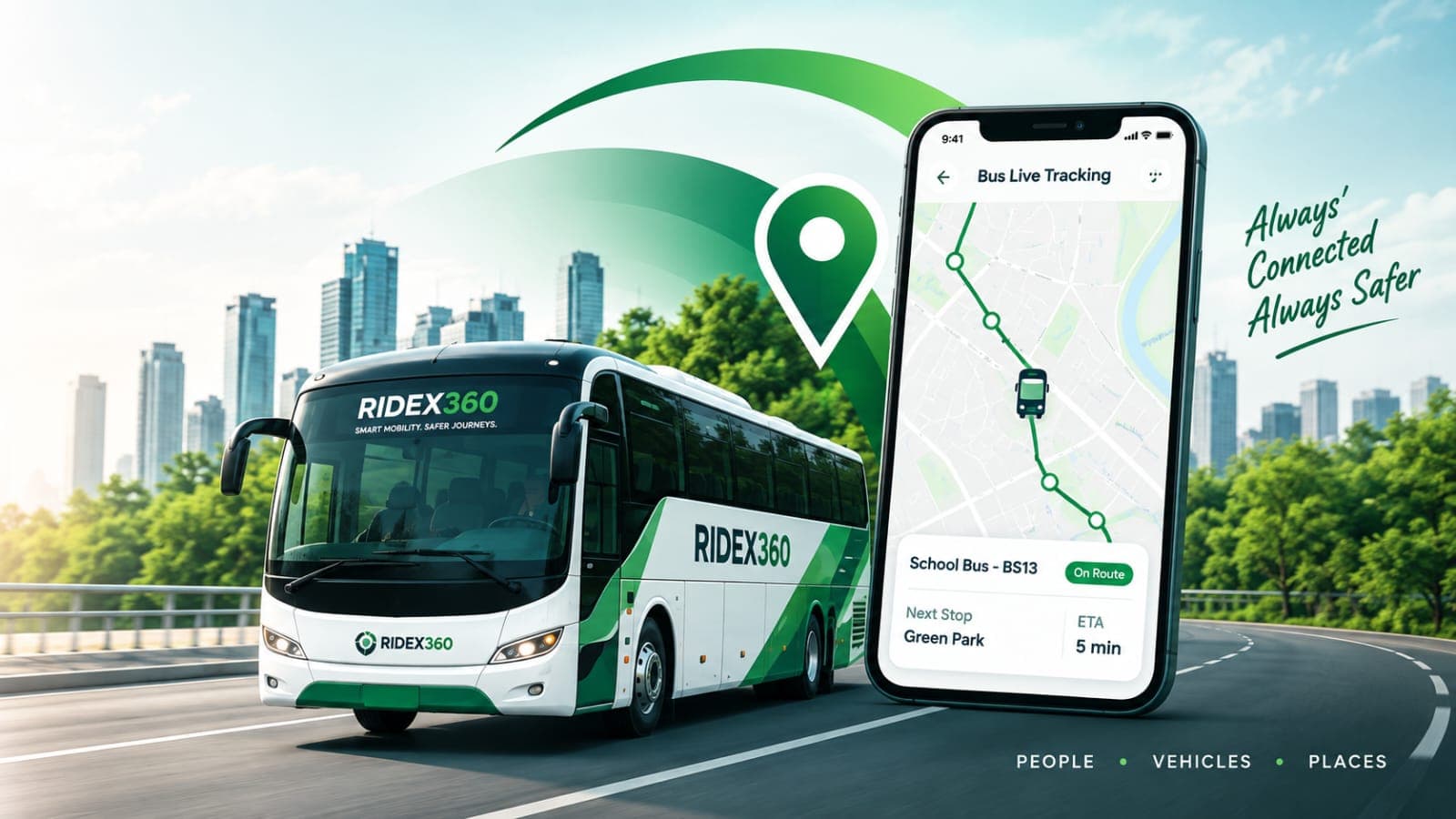 RideX360 bus on the road with a phone showing live bus tracking — Bus 13, on route, next stop Green Park, ETA 5 minutes